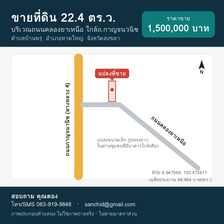 - ขายที่ดินบ้านพรุ หาดใหญ่ 22.4 ตร.ว. บริเวณถนนคลองยาเหนือ ใกล้ถนนกาญจนวนิช