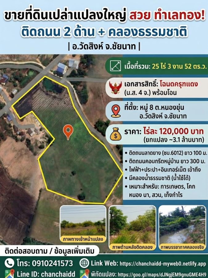 - ขายที่ดินชัยนาท 25 ไร่ 3 งาน 52 ตร.ว. อำเภอวัดสิงห์ ทำเลดี ติดถนน 2 ด้าน โฉนดครุฑแดง